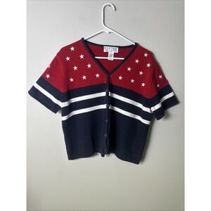 VTG‎ Norton Studio American Flag USA Patriotic Short Sleeve Cardigan Women's LG